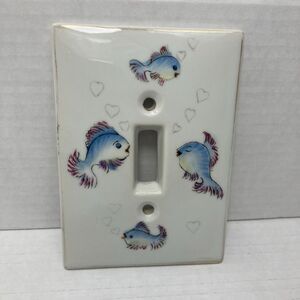 Vintage Single Light Switch Cover Kelvin Fine China Painted Blue Fish Gold Trim